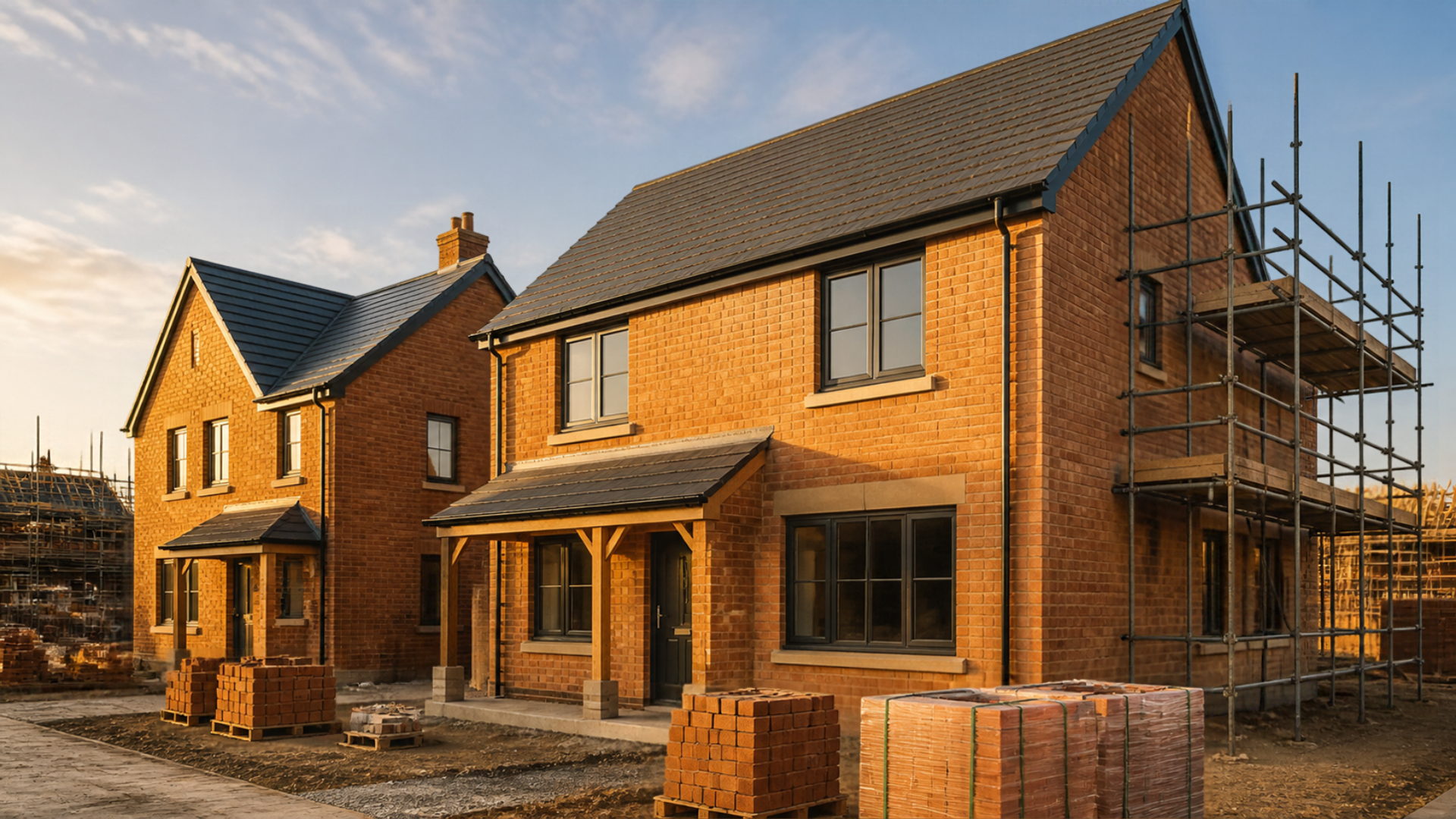 Newly built brick houses nearing completion with scaffolding on one gable